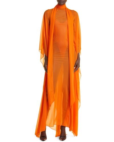 LAQUAN SMITH Sweeping Sheer Dolman Sleeve Gown - Orange