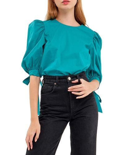 English Factory Bow Banded Puff Sleeve Blouse - Blue
