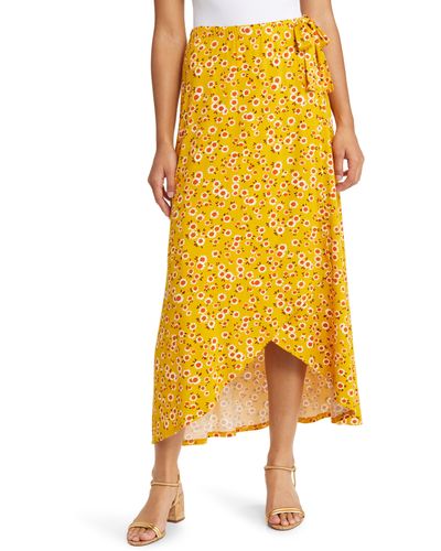 Loveappella Floral Jersey Faux Wrap Skirt - Yellow