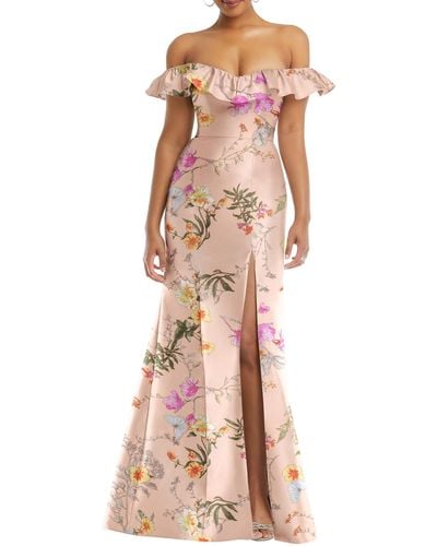 Alfred Sung Off The Shoulder Ruffle Floral Satin Gown - Natural