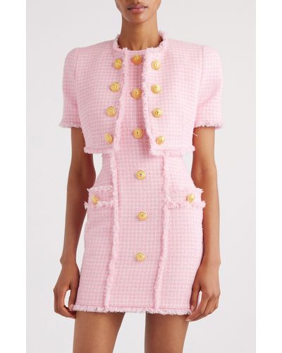 Balmain Gingham Tweed Short Sleeve Crop Jacket - Pink