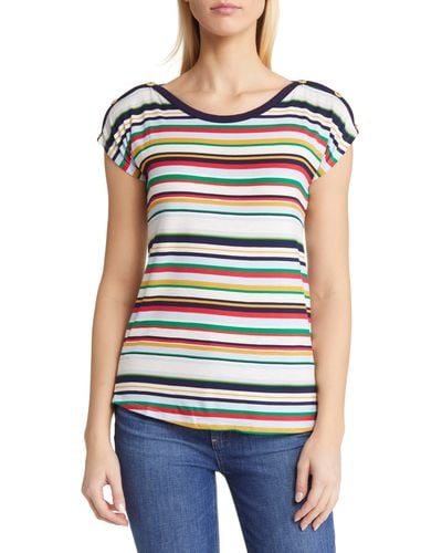 Loveappella Stripe Button Shoulder T-shirt - Multicolor