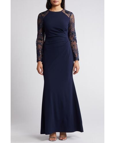 Eliza J Sequin Embroidered Long Sleeve Gown - Blue