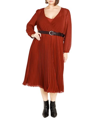 City Chic Precious Pleat Belted Long Sleeve Midi Dress - Red