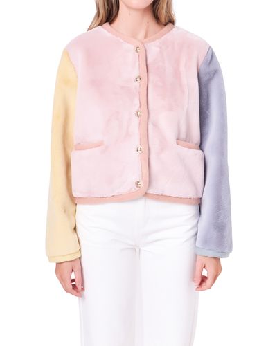English Factory Colorblock Faux Fur Jacket - Pink