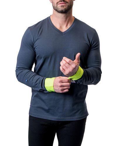 Maceoo Edison Neoncuff V-neck Long Sleeve T-shirt At Nordstrom - Blue