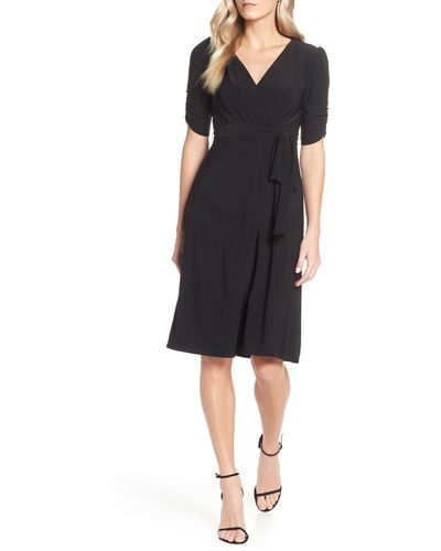 Eliza J Ruched Sleeve Faux Wrap Dress - Black