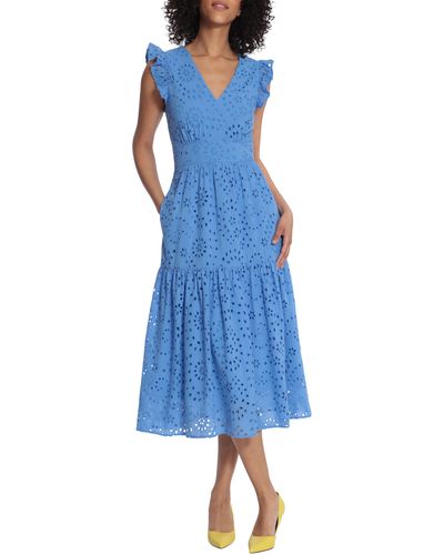 Maggy London Cotton Eyelet Tiered Midi Dress - Blue