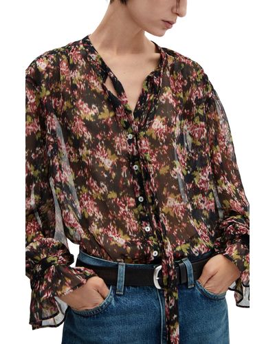 Mango Abstract Floral Print Bow Neck Top - Brown