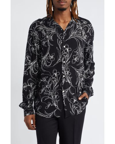 ASOS Scribble Floral Long Sleeve Camp Shirt - Black