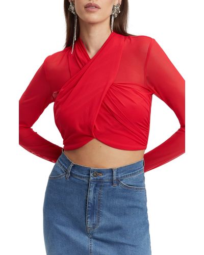 Bardot Aliyah Long Sleeve Crop Top - Red