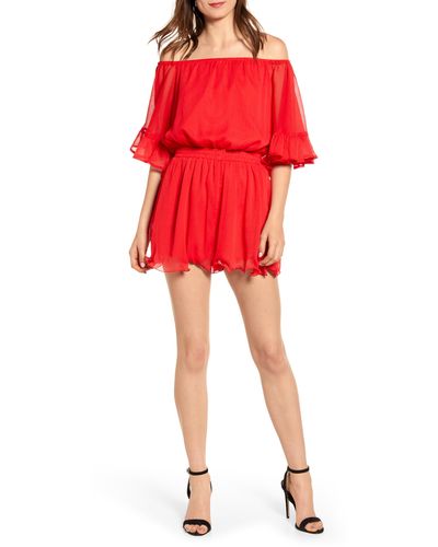 Endless Rose Off The Shoulder Ruffle Sleeve Romper - Red