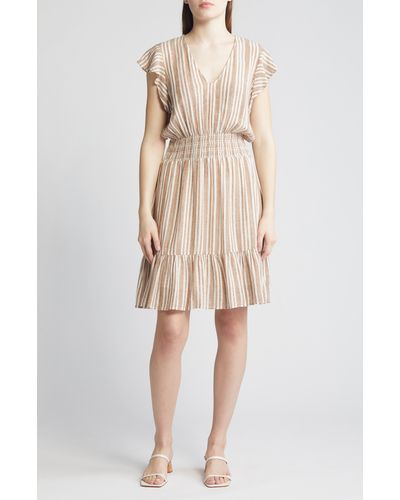 Rails Tara Stripe Ruffle Sleeve Linen Blend Dress - Natural
