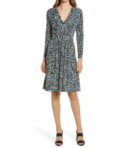 Maggy London Abstract Print Long Sleeve Fit & Flare Dress - Blue