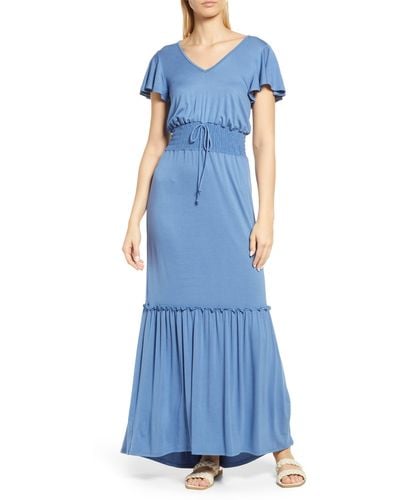 Loveappella Smock Waist Knit Maxi Dress - Blue