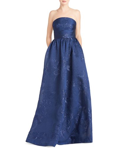 ML Monique Lhuillier Metallic Jacquard Strapless Gown - Blue
