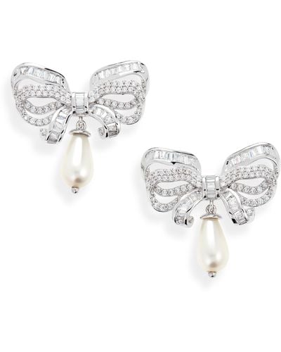 Judith Leiber Imitation Pearl Drop Pavé Bow Earrings - White