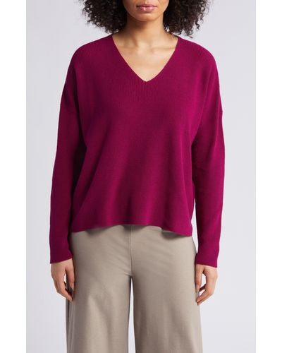 Eileen Fisher V-neck Organic Cotton Pullover Sweater - Red