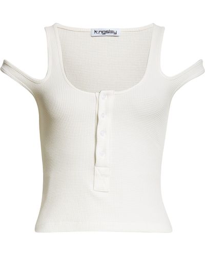 K.ngsley K. Ngsley Gender Inclusive Two-way Cold Shoulder Waffle Tank - White