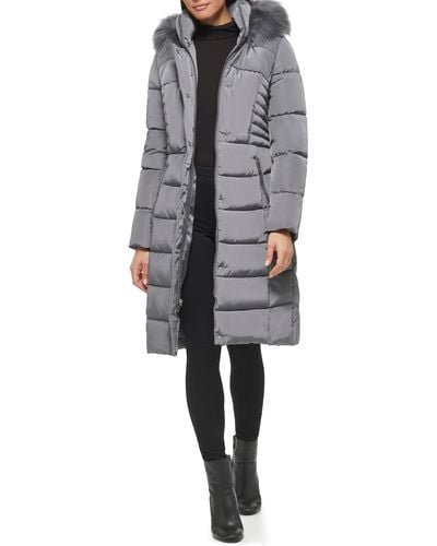 Kenneth Cole Memory Faux Fur Trim Hooded Puffer Coat - Gray