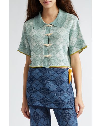 YANYAN Argyle Short Sleeve Linen Crop Cardigan - Green