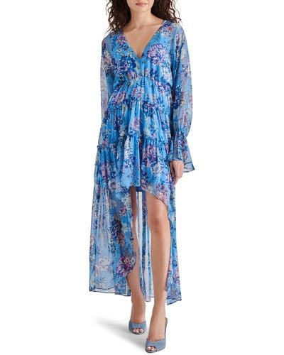 Steve Madden Sol Floral Long Sleeve High-low Chiffon Dress - Blue