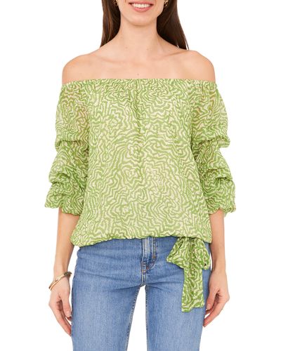 Vince Camuto Printed Off The Shoulder Bubble Sleeve Top - Green