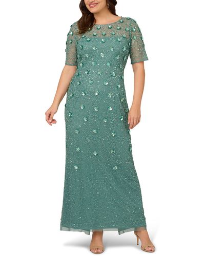 Adrianna Papell 3d Floral Beaded Evening Gown - Green