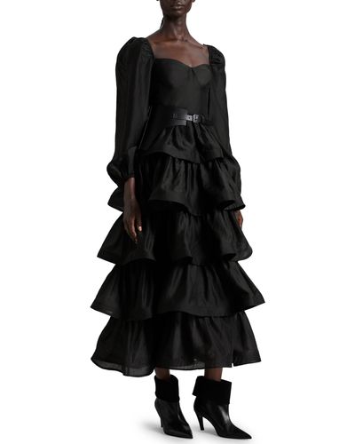 & Other Stories & Tiered Skirt Long Sleeve Midi Dress - Black