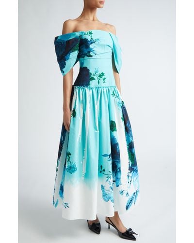 Erdem Floral Print Off The Shoulder Faille Cocktail Dress - Blue
