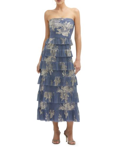 After Six Floral Print Ruffle Strapless Dress - Blue
