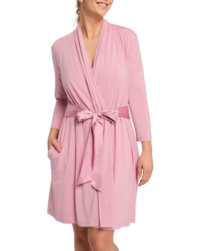 Fleur't Iconic Short Knit Robe With Satin Tie - Pink