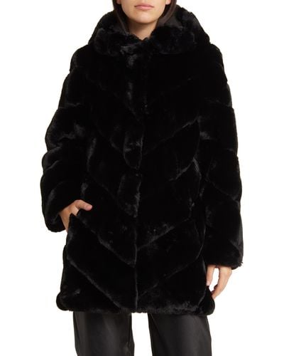 BCBGMAXAZRIA Chevron Faux Fur Hooded Jacket - Black