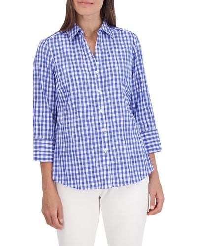 Foxcroft Mary Crinkled Gingham Cotton Blend Shirt - Blue