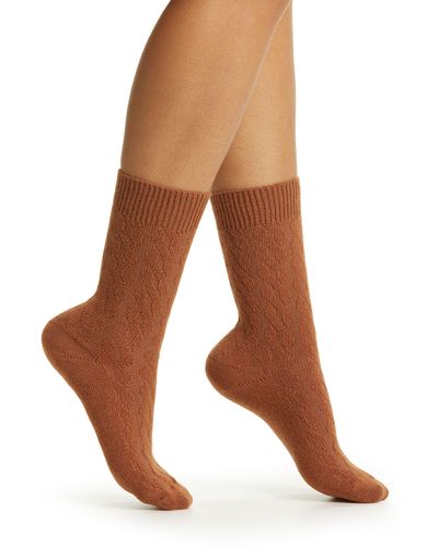 Oroblu Gwen Cable Knit Wool Blend Crew Socks - Brown