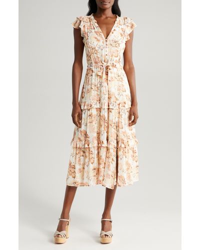 PAIGE Rozlyn Floral Tiered Silk Midi Dress - Natural
