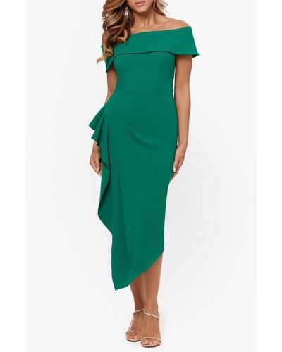 Betsy & Adam Ruffle Off The Shoulder Cocktail Midi Dress - Green