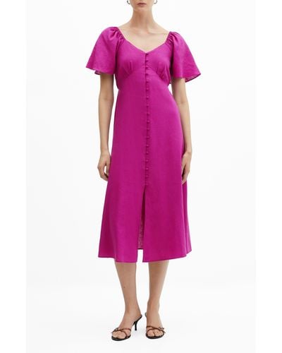 Mango Flutter Sleeve Linen Blend Midi Dress - Pink
