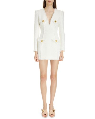 Balmain Long Sleeve Tweed Dress - White