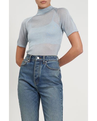Rebecca Minkoff Leroy Sheer Metallic Bra & Top Sweater Set - Blue