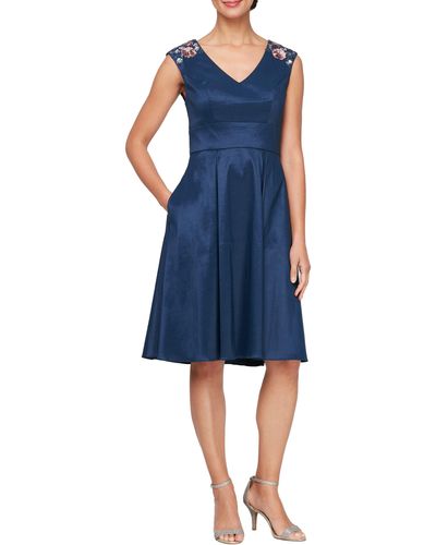Alex Evenings Floral Sequin Shoulder A-line Dress - Blue