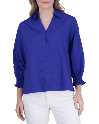 Foxcroft Alexis Smocked Cuff Sateen Popover Top - Blue