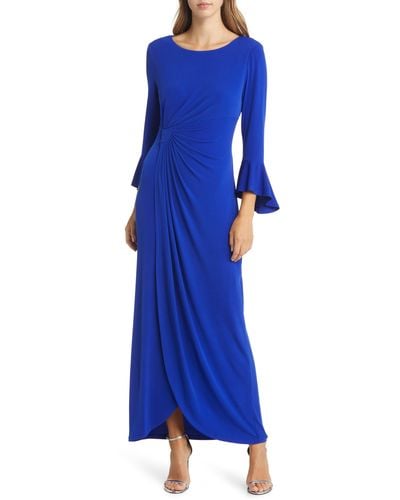 Connected Apparel Bell Sleeve Gathered Waist Gown - Blue