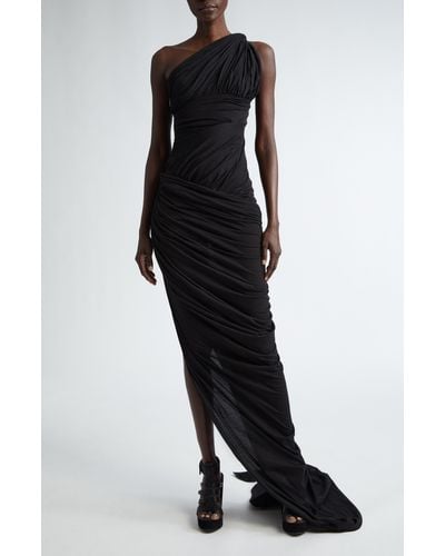 Rick Owens Lido Draped One-shoulder Cotton Jersey Gown With Train - Black