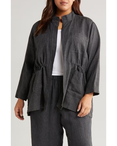 Eileen Fisher Stand Collar Organic Linen Jacket - Black