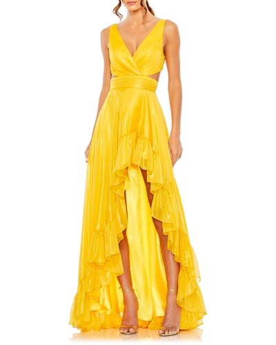 Ieena for Mac Duggal Metallic Cascade Detail A-line Gown - Yellow
