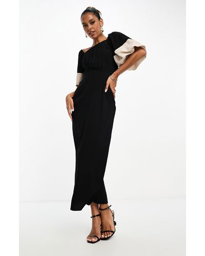 ASOS Contrast Sleeve Asymmetric Neckline Midi Dress - Black