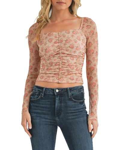 All In Favor Floral Ruched Long Sleeve Mesh Top In At Nordstrom, Size X-small - Blue