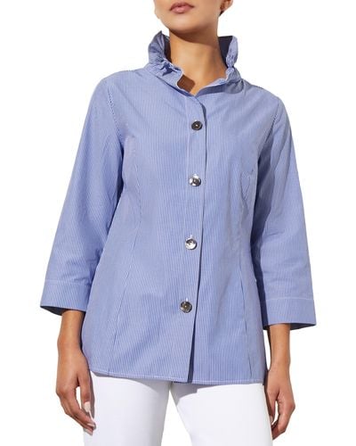 Ming Wang Ruffle Collar Stripe Cotton Shirt - Blue