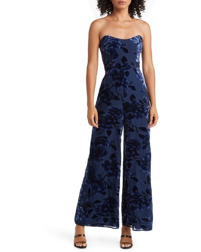 Hutch Sonnie Floral Velvet Burnout Strapless Jumpsuit - Blue